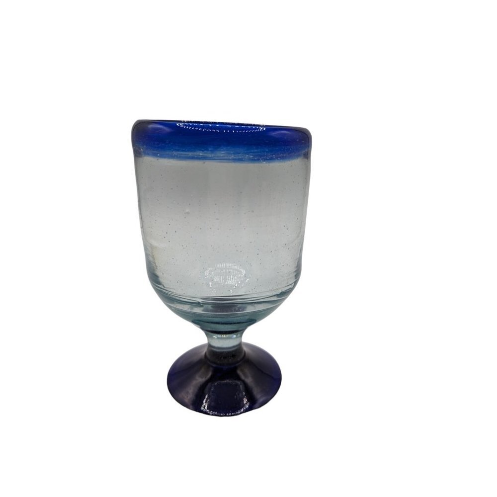 Vintage Hand Blown Mexican Wine Water Glass Goblet Cobalt Rim And Base